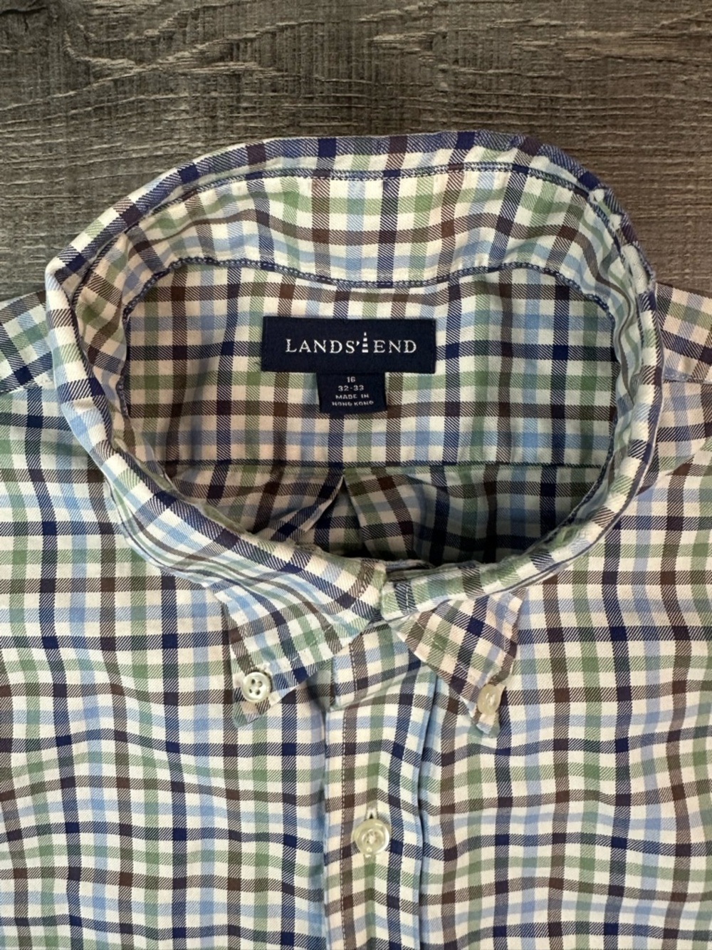 Lands' End Men's Navy, Green & Brown Plaid Casual Button-Down Shirt 16”